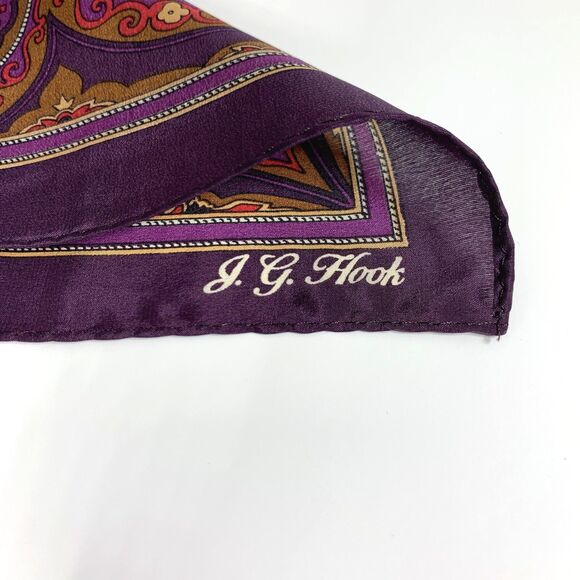 Purple Silk Paisley Scarf Square Signed JG Hook Old Money Career Professional - Picture 3 of 5